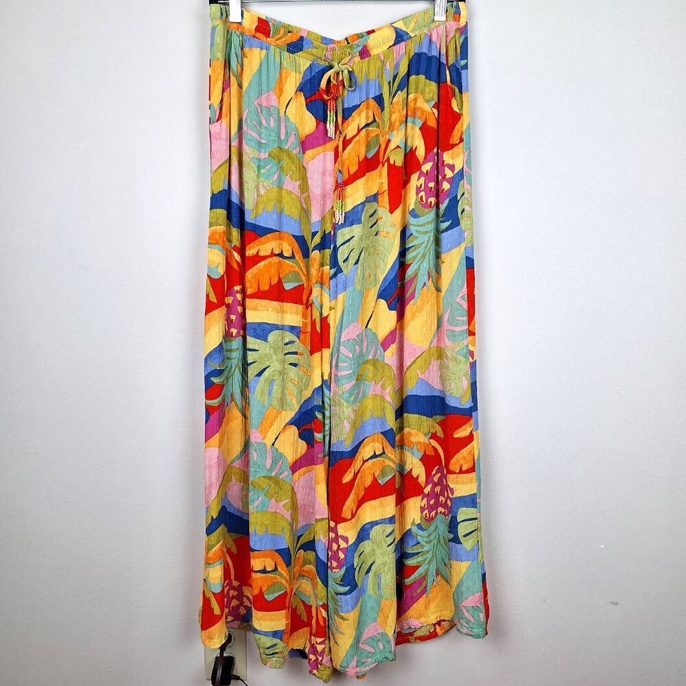 Christian Siriano Pinapple Palms Wide Leg Pants, Size L. Colorful Tropical Beads